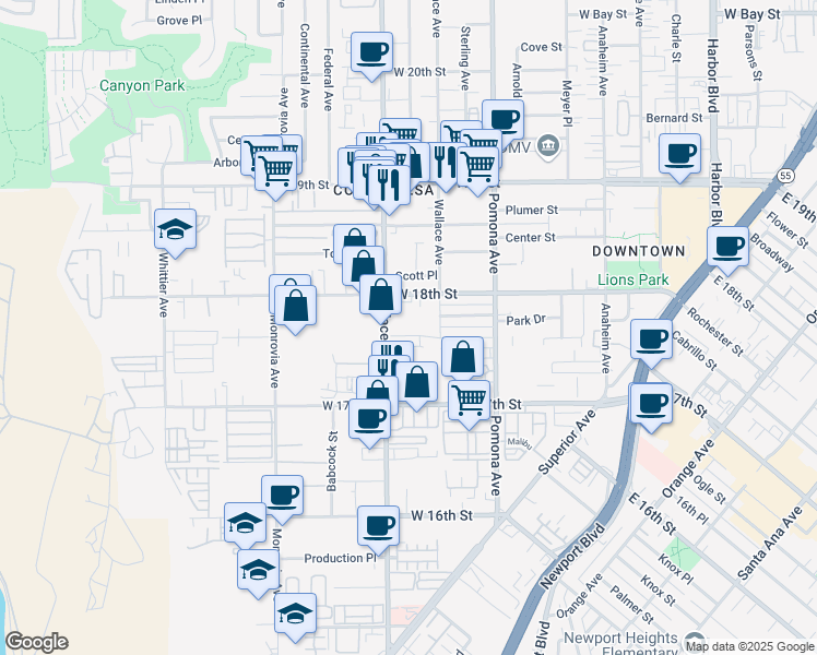map of restaurants, bars, coffee shops, grocery stores, and more near 778 Shalimar Drive in Costa Mesa