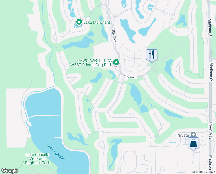 map of restaurants, bars, coffee shops, grocery stores, and more near 80090 Cedar Crest in La Quinta
