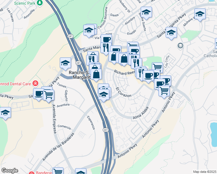 map of restaurants, bars, coffee shops, grocery stores, and more near 119 Vía Vicini in Rancho Santa Margarita