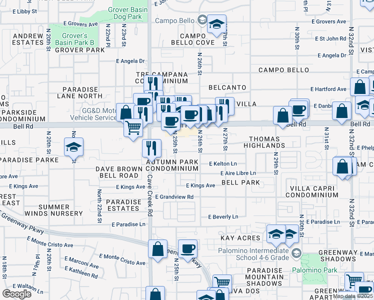 map of restaurants, bars, coffee shops, grocery stores, and more near 16629 North 25th Street in Phoenix
