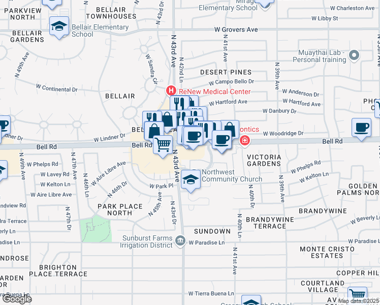 map of restaurants, bars, coffee shops, grocery stores, and more near 4233-4259 West Bell Road in Phoenix