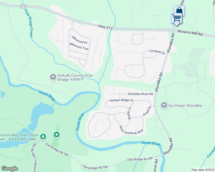 map of restaurants, bars, coffee shops, grocery stores, and more near 6200 Klondike River Road in Stonecrest