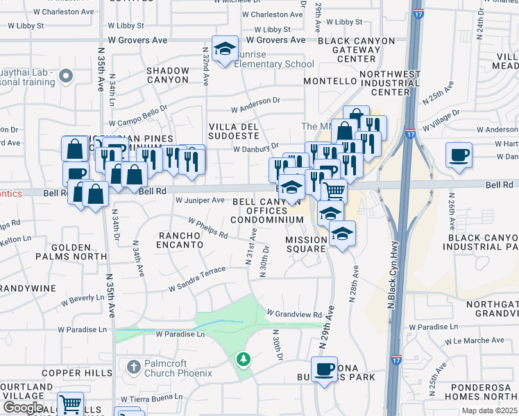 map of restaurants, bars, coffee shops, grocery stores, and more near 16850 North 31st Avenue in Phoenix