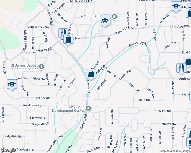 map of restaurants, bars, coffee shops, grocery stores, and more near 579 Sun Valley Road in Birmingham