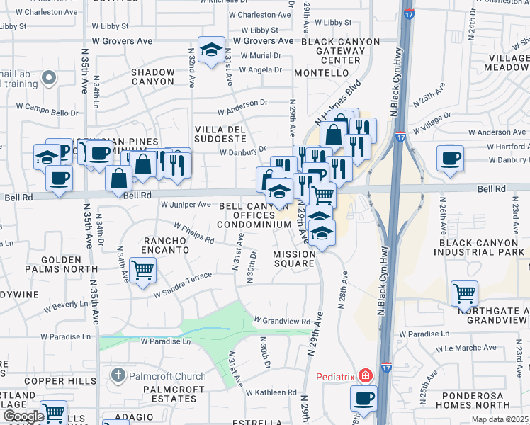 map of restaurants, bars, coffee shops, grocery stores, and more near 16841 N 31st Ave in Phoenix