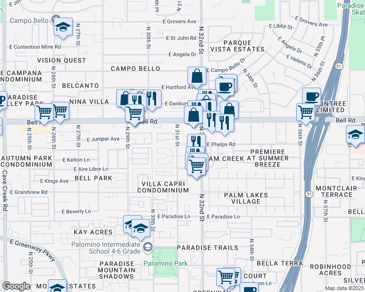 map of restaurants, bars, coffee shops, grocery stores, and more near 16801 North 31st Street in Phoenix