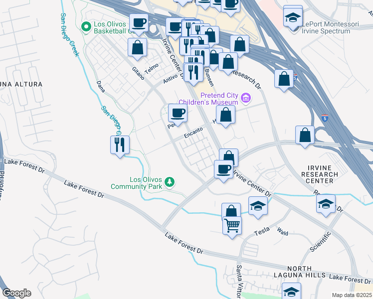 map of restaurants, bars, coffee shops, grocery stores, and more near 138 Linda Vista in Irvine