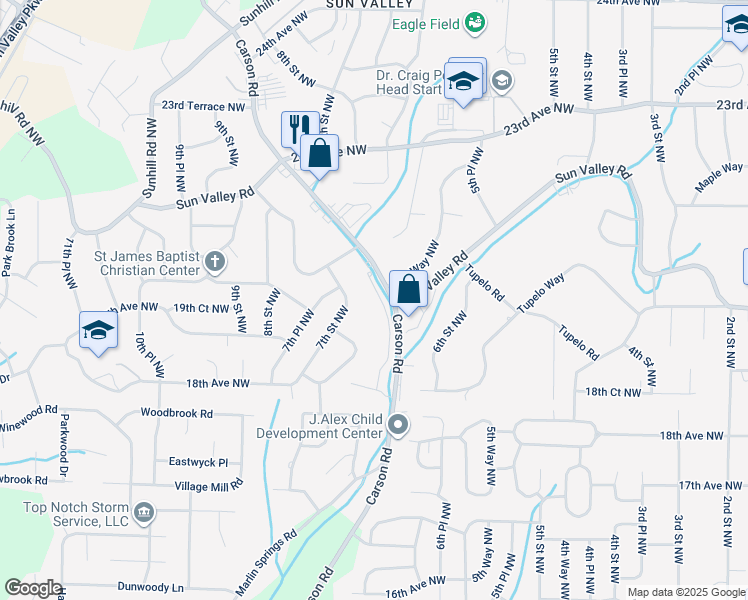 map of restaurants, bars, coffee shops, grocery stores, and more near 2101 Carson Road in Center Point