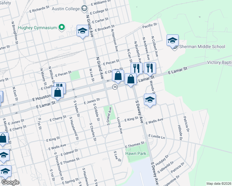 map of restaurants, bars, coffee shops, grocery stores, and more near 302 South Loving Avenue in Sherman