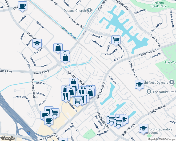 map of restaurants, bars, coffee shops, grocery stores, and more near 24001 Muirlands Boulevard in Lake Forest