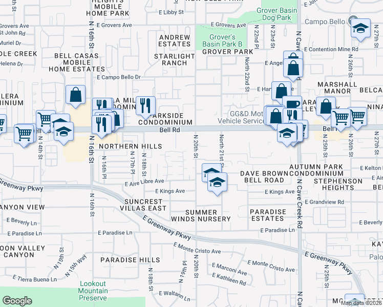 map of restaurants, bars, coffee shops, grocery stores, and more near 16804 North 20th Street in Phoenix