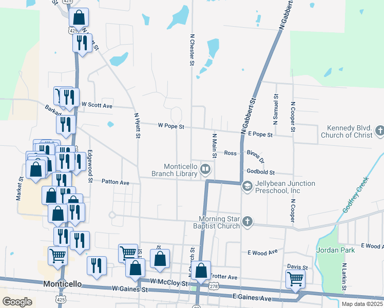 map of restaurants, bars, coffee shops, grocery stores, and more near 908 North Chester Street in Monticello
