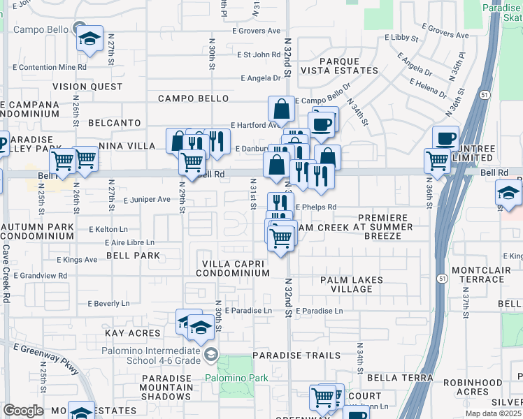 map of restaurants, bars, coffee shops, grocery stores, and more near 16801 North 31st Street in Phoenix