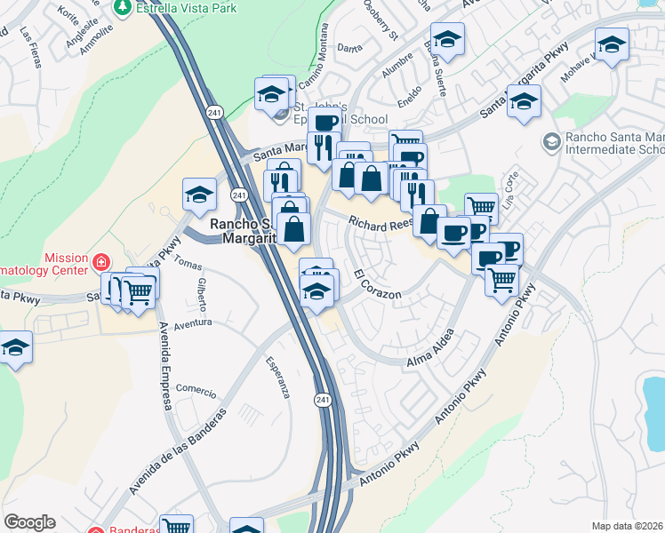 map of restaurants, bars, coffee shops, grocery stores, and more near 119 Vía Vicini in Rancho Santa Margarita