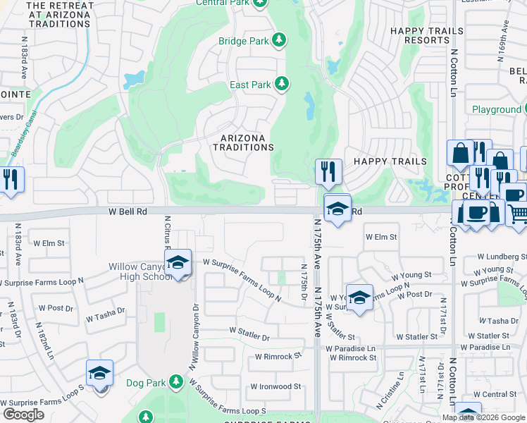 map of restaurants, bars, coffee shops, grocery stores, and more near 17634 West Bell Road in Surprise