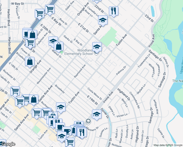 map of restaurants, bars, coffee shops, grocery stores, and more near 390 Esther Street in Costa Mesa