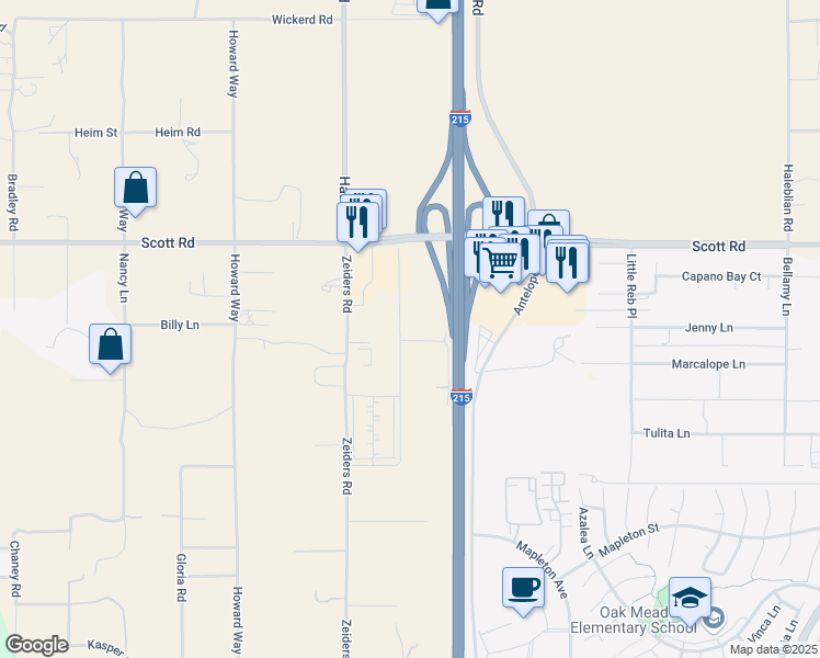 map of restaurants, bars, coffee shops, grocery stores, and more near Bailey Park Boulevard in Menifee