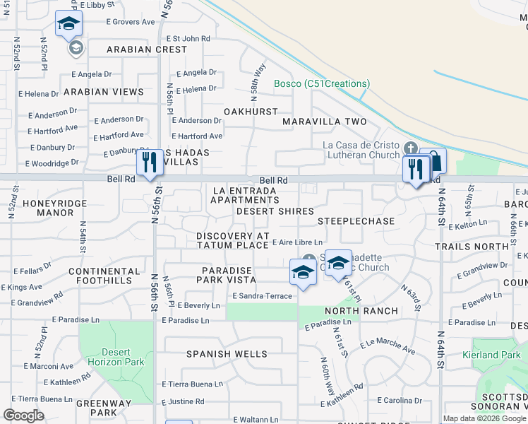 map of restaurants, bars, coffee shops, grocery stores, and more near 16646 North 59th Place in Scottsdale