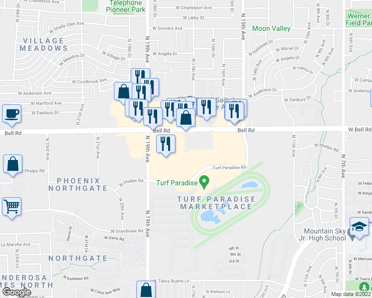 map of restaurants, bars, coffee shops, grocery stores, and more near 1711 West Bell Road in Phoenix