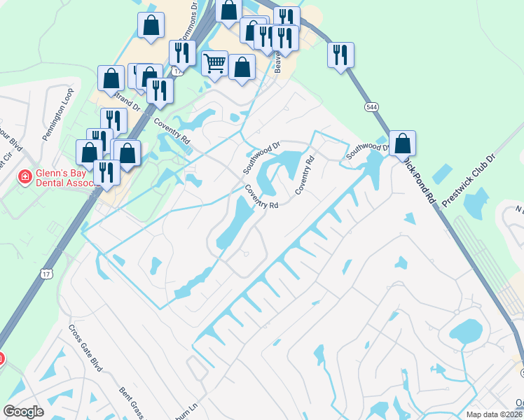 map of restaurants, bars, coffee shops, grocery stores, and more near 1588 Coventry Road in Myrtle Beach