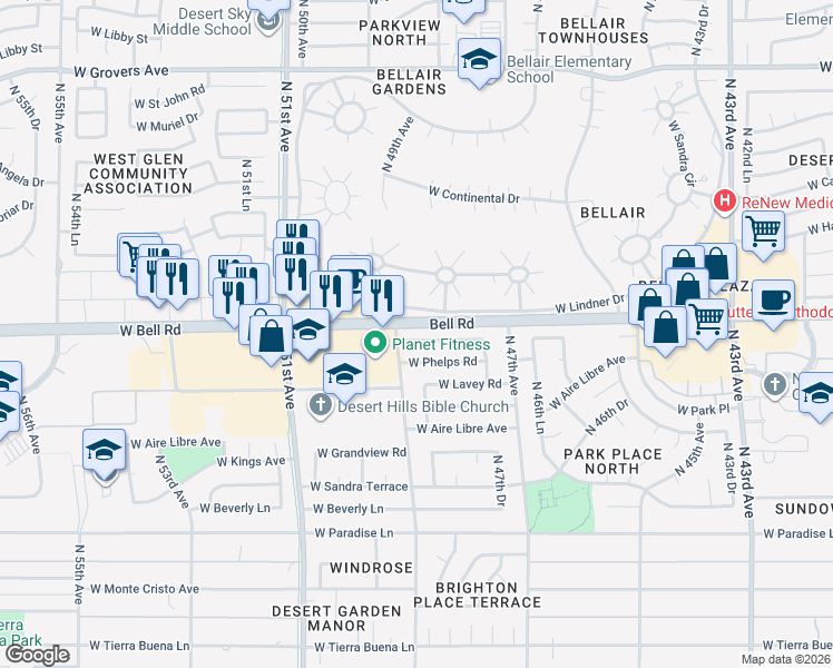 map of restaurants, bars, coffee shops, grocery stores, and more near 4818 West Juniper Avenue in Glendale