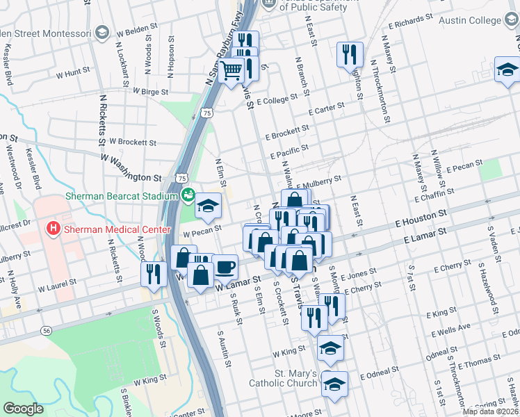 map of restaurants, bars, coffee shops, grocery stores, and more near 110 West Mulberry Street in Sherman