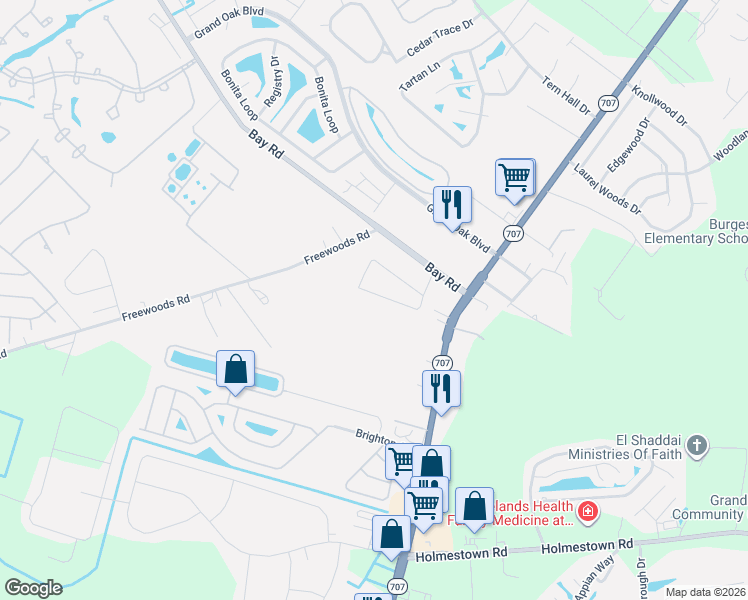 map of restaurants, bars, coffee shops, grocery stores, and more near 9113 Baywood Circle in Myrtle Beach