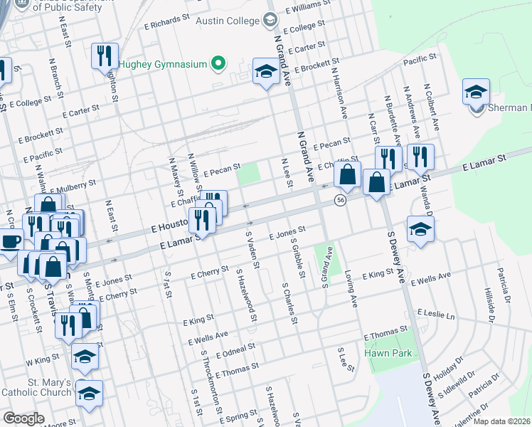 map of restaurants, bars, coffee shops, grocery stores, and more near 1215 East Lamar Street in Sherman