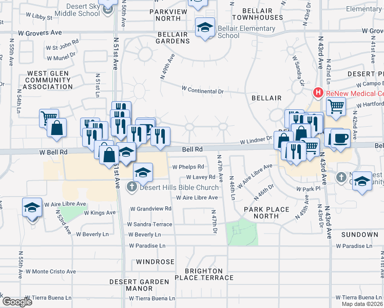 map of restaurants, bars, coffee shops, grocery stores, and more near 4802 West Juniper Avenue in Glendale