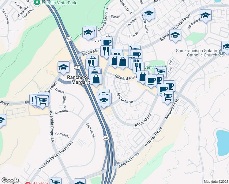 map of restaurants, bars, coffee shops, grocery stores, and more near 202 Vía Vicini in Rancho Santa Margarita