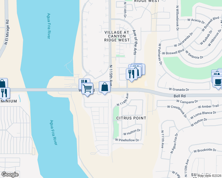 map of restaurants, bars, coffee shops, grocery stores, and more near W Bell Rd & N 115th Ave in Surprise