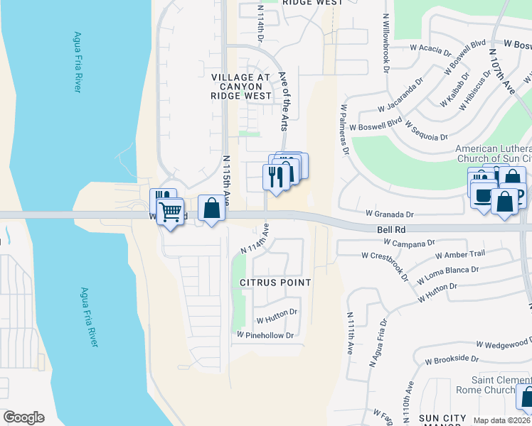 map of restaurants, bars, coffee shops, grocery stores, and more near W Bell Rd & 114th Ave in Surprise