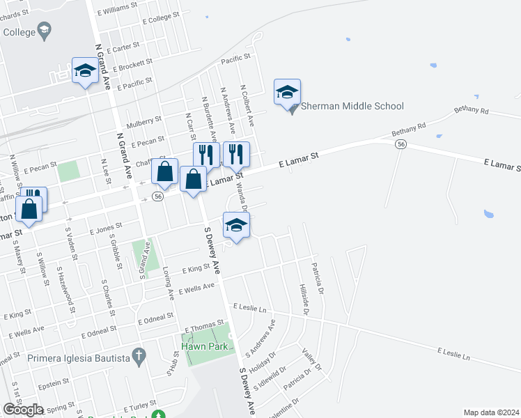 map of restaurants, bars, coffee shops, grocery stores, and more near 2016 East Cherry Street in Sherman