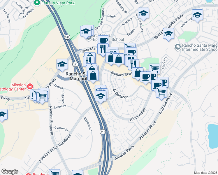 map of restaurants, bars, coffee shops, grocery stores, and more near 190 Vía Vicini in Rancho Santa Margarita