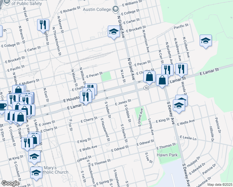 map of restaurants, bars, coffee shops, grocery stores, and more near 1215 East Lamar Street in Sherman