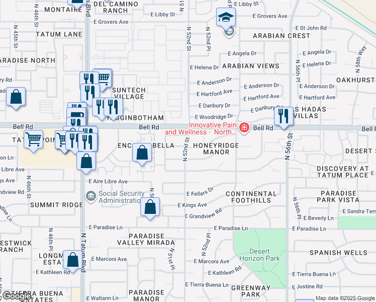 map of restaurants, bars, coffee shops, grocery stores, and more near 5203 East Wallace Avenue in Scottsdale