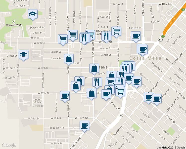 map of restaurants, bars, coffee shops, grocery stores, and more near 686 Park Drive in Costa Mesa