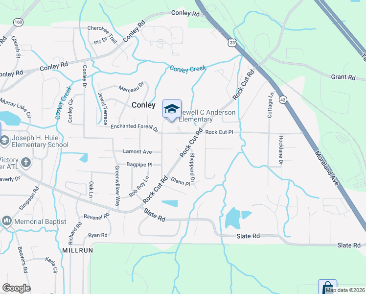 map of restaurants, bars, coffee shops, grocery stores, and more near 1746 Rock Cut Road in Conley