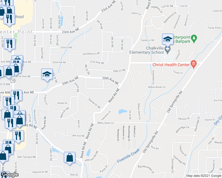 map of restaurants, bars, coffee shops, grocery stores, and more near 453 19th Terrace Northeast in Center Point