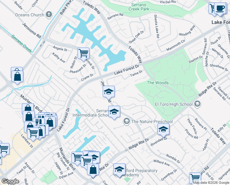 map of restaurants, bars, coffee shops, grocery stores, and more near 22316 Parkwood Street in Lake Forest