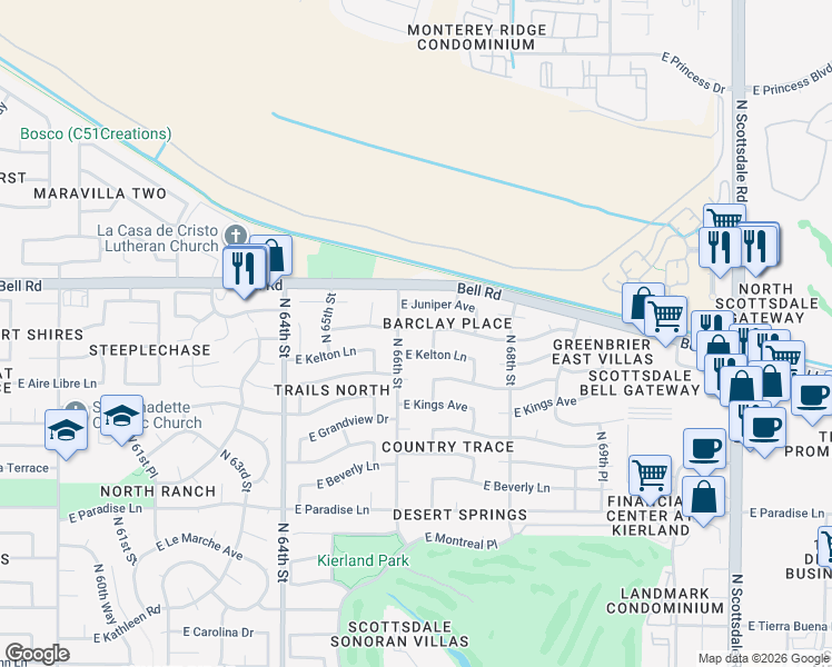 map of restaurants, bars, coffee shops, grocery stores, and more near 16636 North 67th Street in Scottsdale