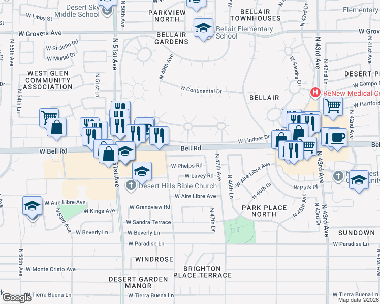 map of restaurants, bars, coffee shops, grocery stores, and more near 4802 West Juniper Avenue in Glendale