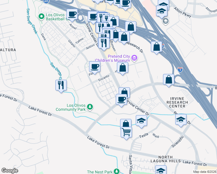 map of restaurants, bars, coffee shops, grocery stores, and more near 107 Montero in Irvine