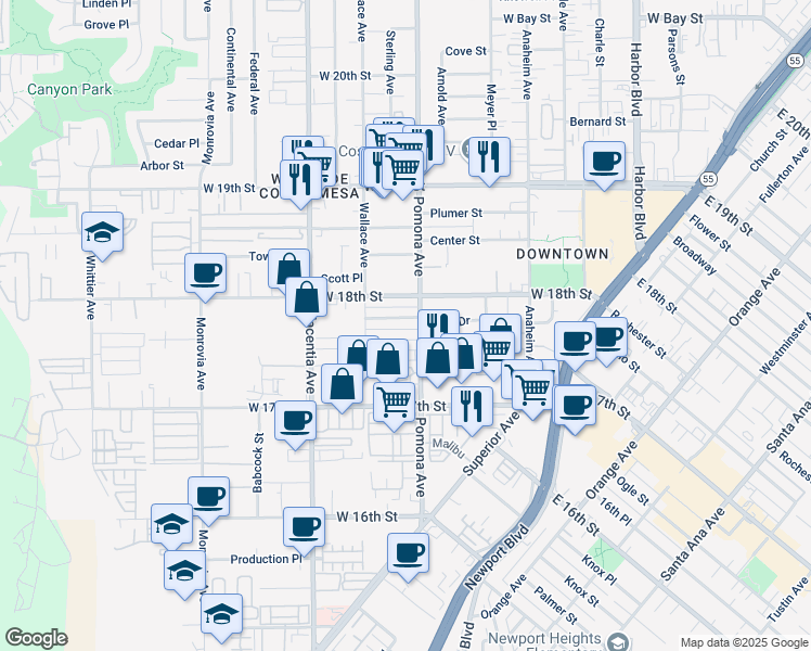 map of restaurants, bars, coffee shops, grocery stores, and more near 721 James Street in Costa Mesa