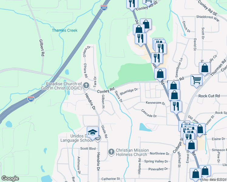 map of restaurants, bars, coffee shops, grocery stores, and more near 663 Conley Road in Forest Park