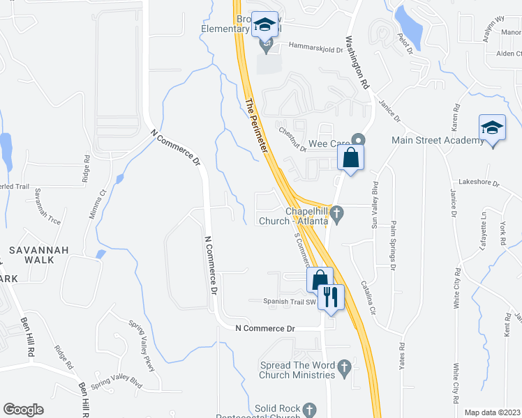 map of restaurants, bars, coffee shops, grocery stores, and more near 4289 Scott Circle in East Point