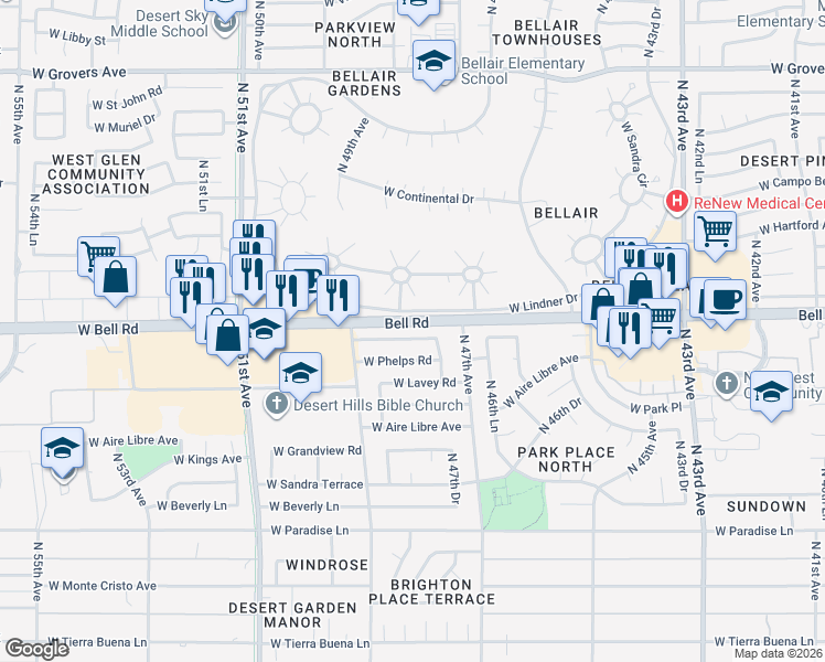 map of restaurants, bars, coffee shops, grocery stores, and more near 4802 West Juniper Avenue in Glendale