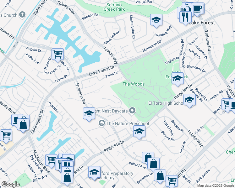 map of restaurants, bars, coffee shops, grocery stores, and more near 24832 Knollwood in Lake Forest