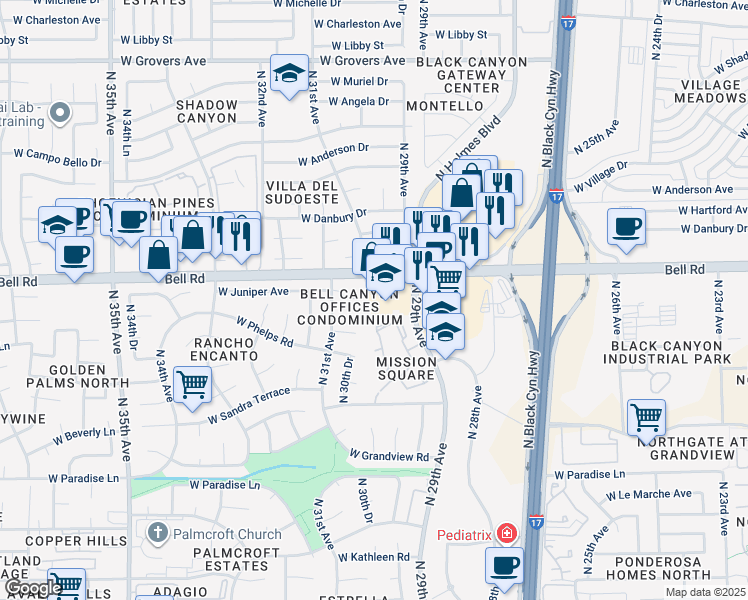 map of restaurants, bars, coffee shops, grocery stores, and more near 16841 N 31st Ave in Phoenix