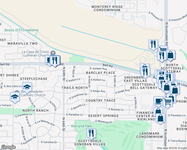 map of restaurants, bars, coffee shops, grocery stores, and more near 16636 North 67th Street in Scottsdale